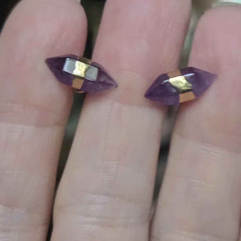 Amethyst natural crystal gemstone sterling & gold earrings - Picture 7 of 8